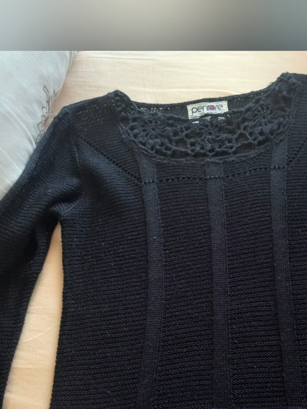 Vintage Small Penrose Black Crochet Yoke Knit Sweater Long Sleeve